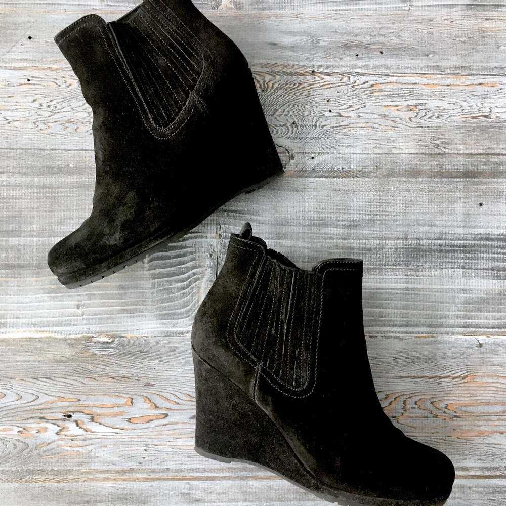 Prada Black Suede Ankle Boot Wedge Heel Size 11